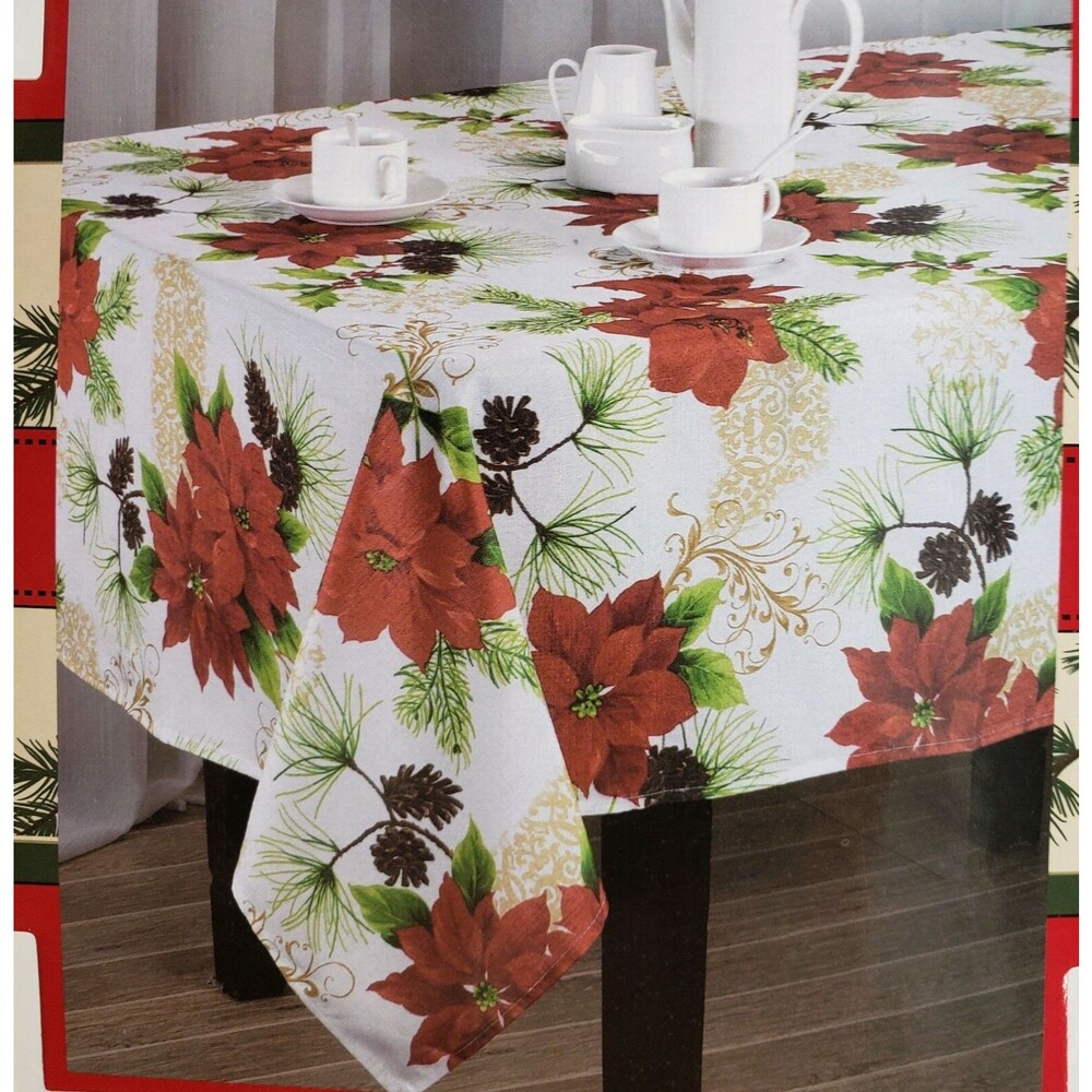 Fabric Linen Tablecloth 70" ROUND (4-6 ppl) CHRISTMAS POINSETTIA FLOWERS, AL